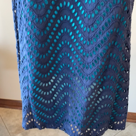 NWT TRACY NEGOSHIAN women’s sleeveless EYELET dress blue over turquoise lining L - Picture 9 of 14